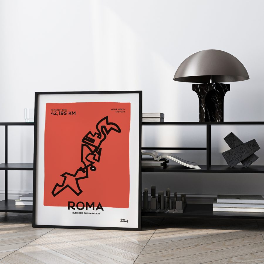 Póster personalizado del Maratón Roma 2025 con recorrido, tiempo y dorsal del corredor